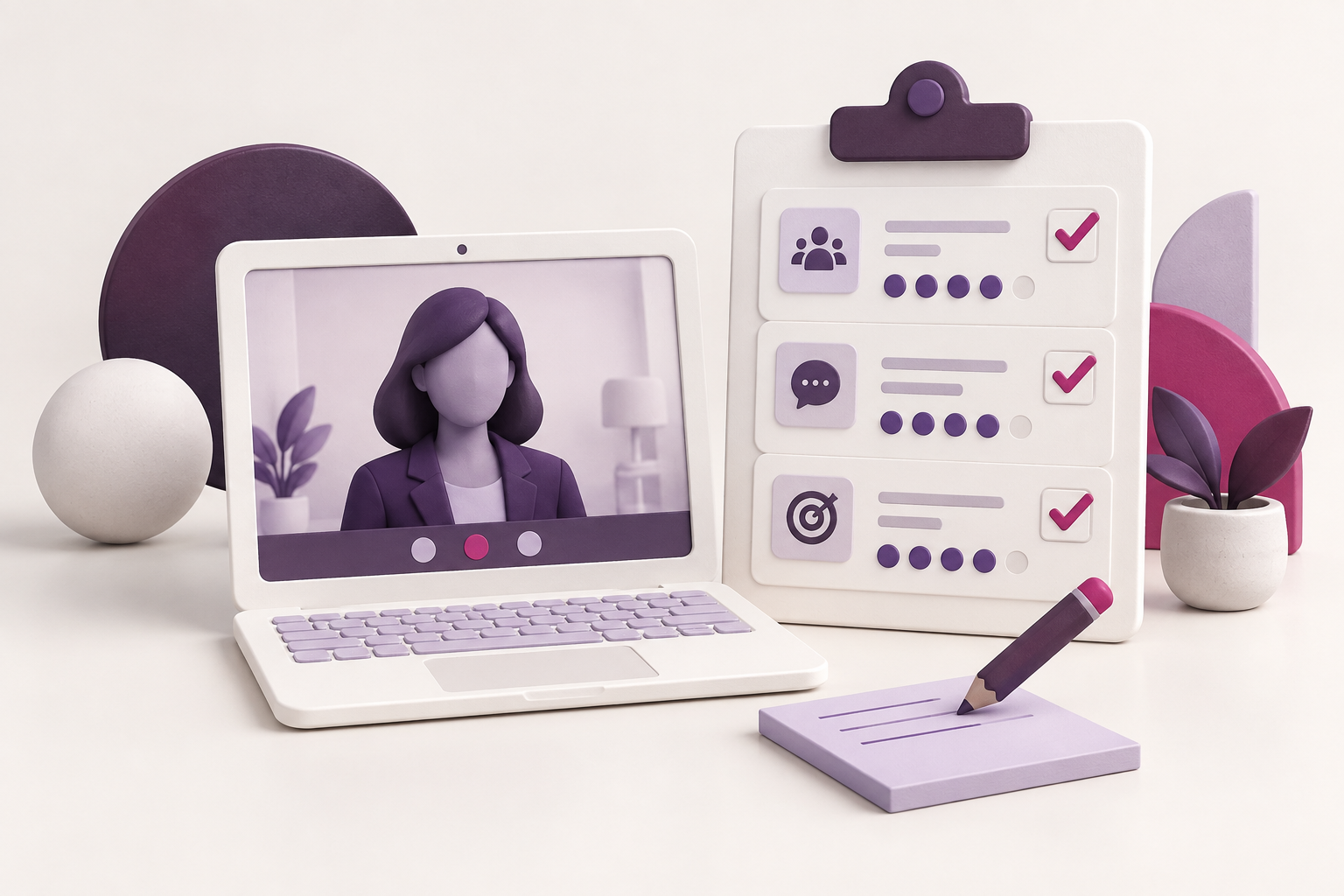A video interview beside observation notes and a scoring checklist